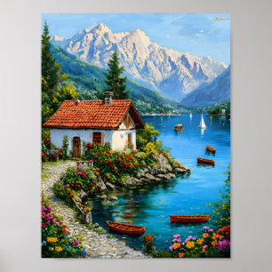 Kleines Haus am Fuße eines Bergsees Poster