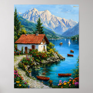 Kleines Haus am Fuße eines Bergsees Poster