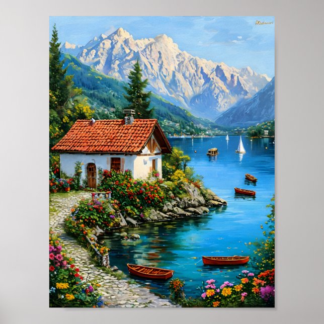 Kleines Haus am Fuße eines Bergsees Poster (Vorne)