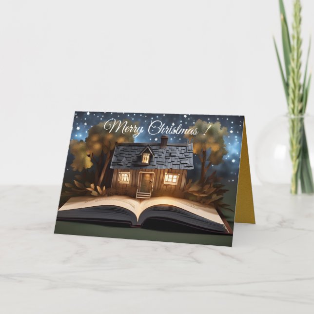 Kleines Haus mit Märchenbuch Weihnachten GC Karte (Vorderseite)