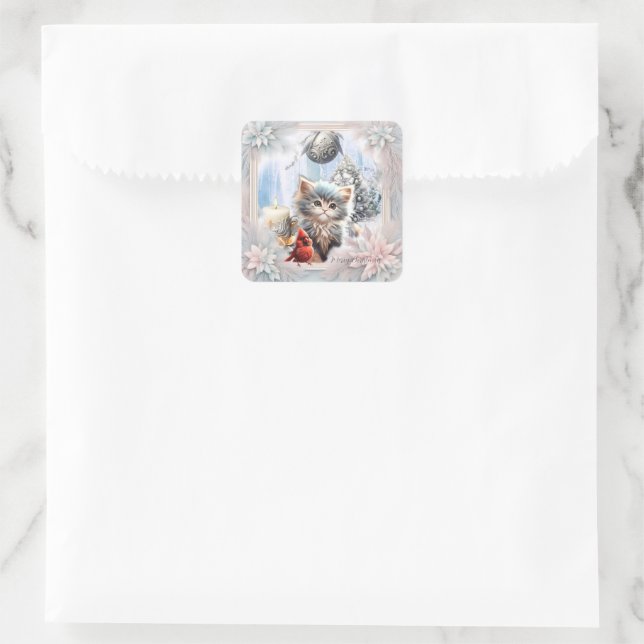 Kleines Kätzchen mit Vogel Quadratischer Aufkleber (Tasche)