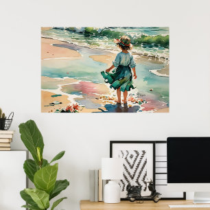 Kleines Mädchen am Strand, Wasserfarben Ozeanwelle Poster
