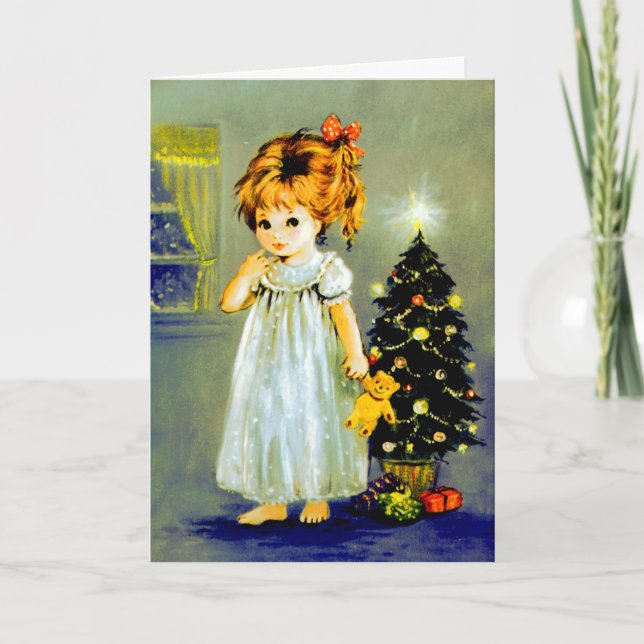 Kleines Mädchen am Weihnachtsabend Feiertagskarte (Vorderseite)