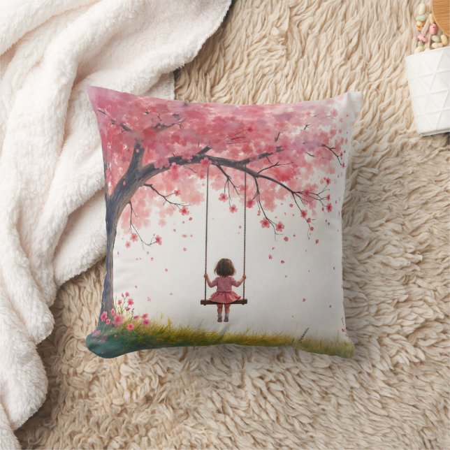 Kleines Mädchen auf einem Kirschbaumschwung Kissen (Decke)