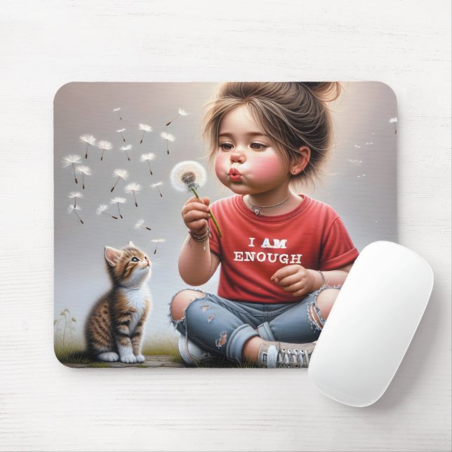 Kleines Mädchen blühende Lüster mit Kätzchen Mousepad (Mit Mouse)