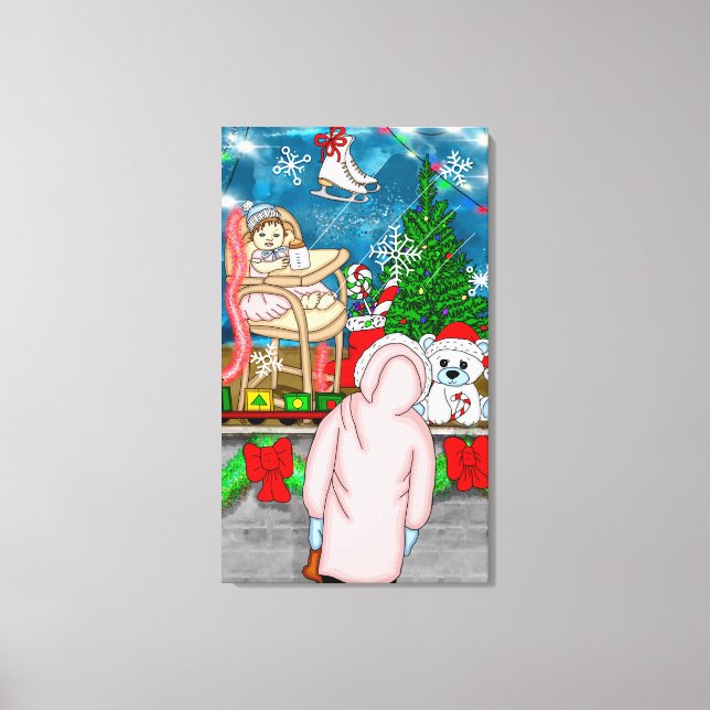 Kleines Mädchen durch ein Weihnachtsfenster schaue Leinwanddruck (Vorderseite)