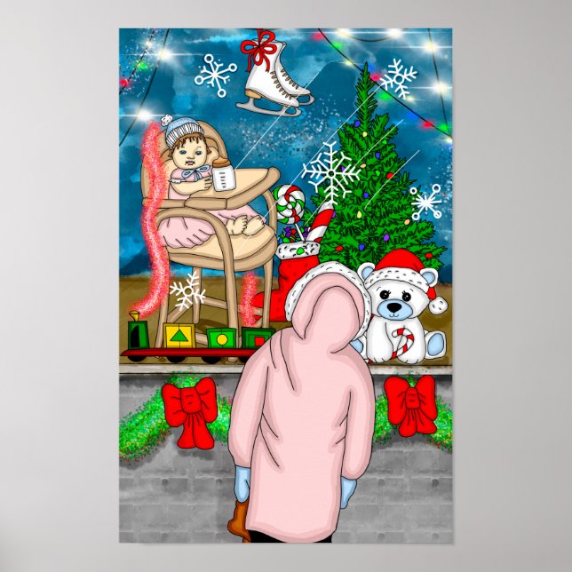 Kleines Mädchen durch ein Weihnachtsfenster schaue Poster (Vorne)