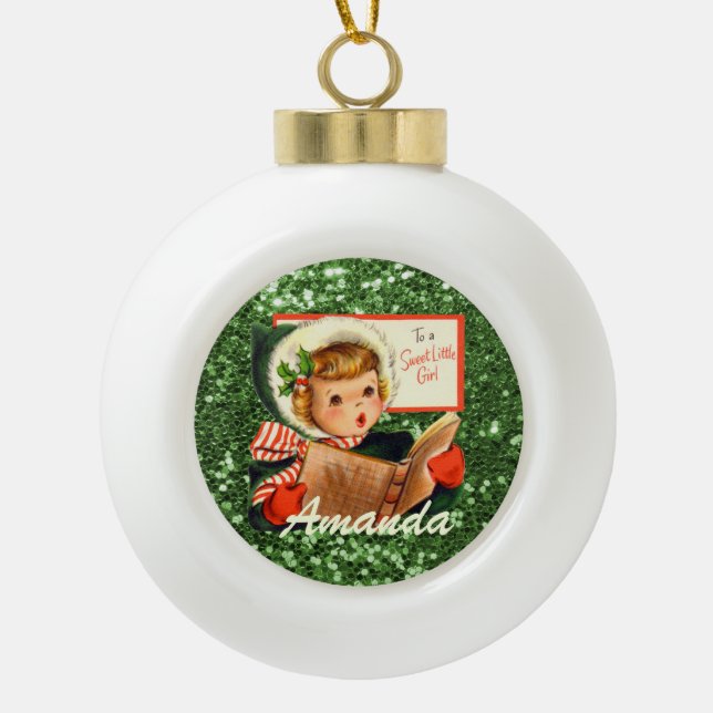 Kleines Mädchen-Gesang-Liede grüner Imitat-Glitzer Keramik Kugel-Ornament (Vorderseite)