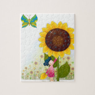 Kleines Mädchen-großes Sonnenblume-Puzzlespiel