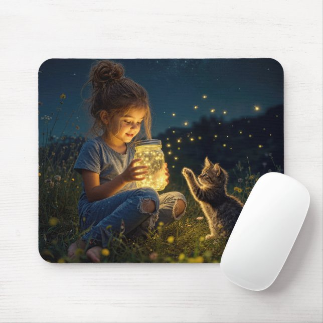 Kleines Mädchen hält ein Glas mit Glühwürmchen Mousepad (Mit Mouse)