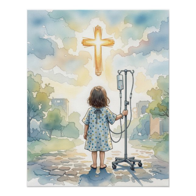 Kleines Mädchen hält einen IV-Ständer Poster (Vorderseite)