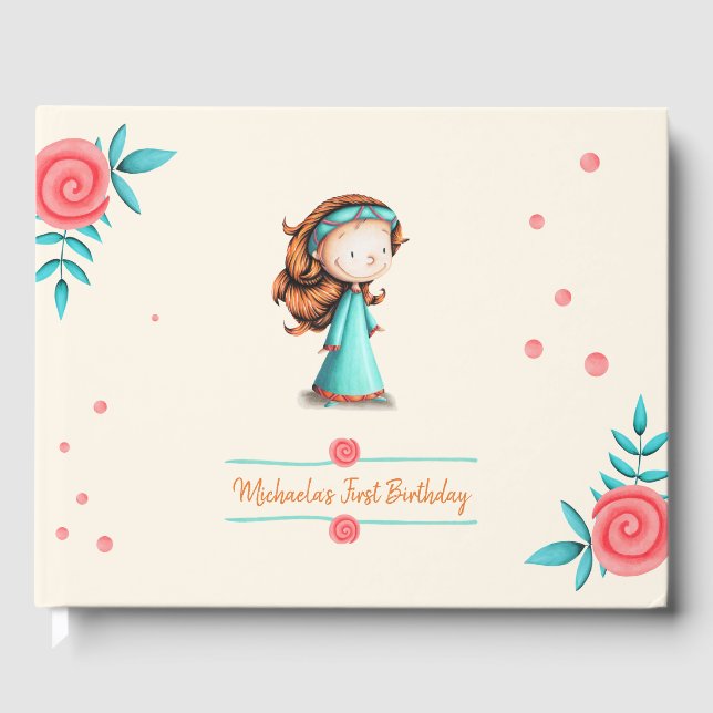 Kleines Mädchen in Aquamarinem Kleid Floral erster Gästebuch (Vorderseite)