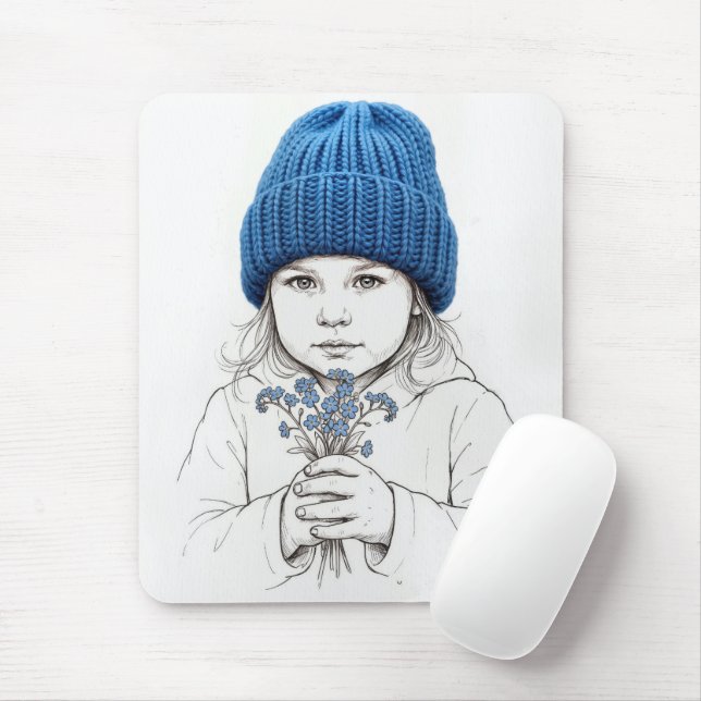 Kleines Mädchen in blauer Mütze mit Vergissmeinnic Mousepad (Mit Mouse)