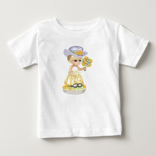 Kleines Mädchen in Gelben Osterkleid Holding Blume Baby T-shirt (Vorderseite)