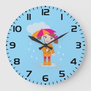 Kleines Mädchen in orangem Regenmantel mit rosa Re Große Wanduhr