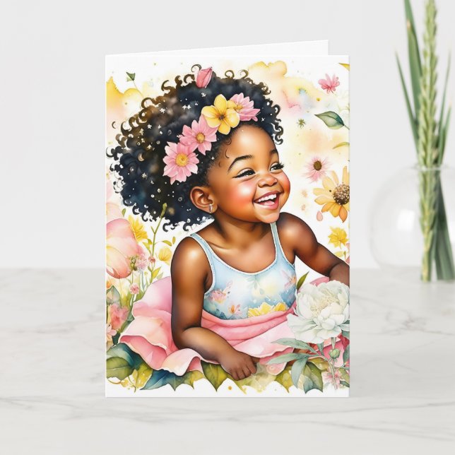 Kleines Mädchen in rosa Blume Personalisiert Gebur Karte (Vorderseite)