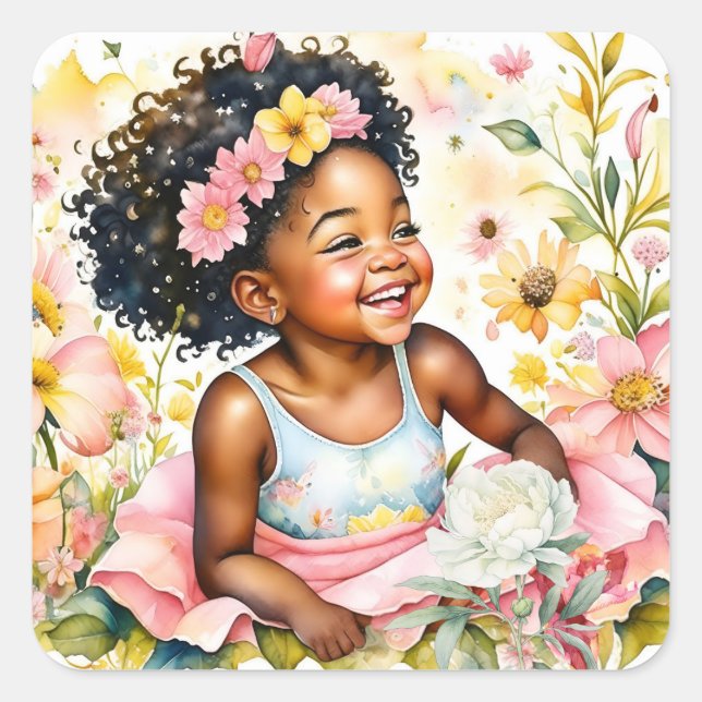 Kleines Mädchen in rosa Blume Personalisiert Gebur Quadratischer Aufkleber (Vorderseite)
