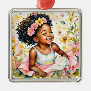 Kleines Mädchen in rosa Blumen Weihnachten Ornament Aus Metall