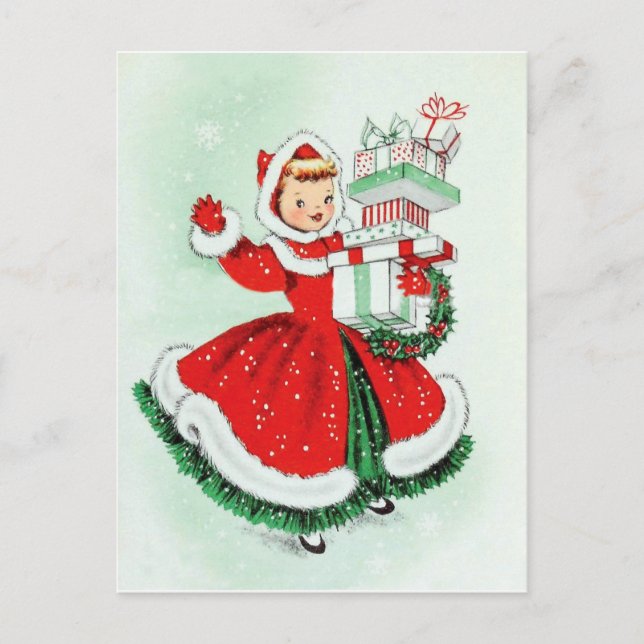Kleines Mädchen in rotem Kleid mit Weihnachtsgesch Postkarte (Vorderseite)