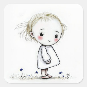 Kleines Mädchen in Wildblumen Sketch Quadratischer Aufkleber
