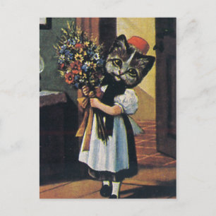 Kleines Mädchen Kätzchen mit Blumen Postkarte