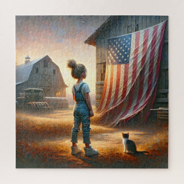 Kleines Mädchen mit amerikanischer Flagge auf eine (Vertikal)