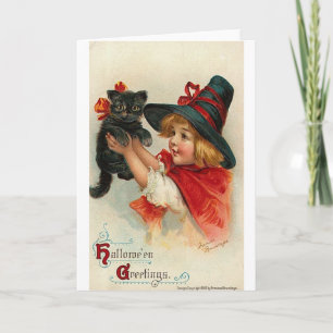 Kleines Mädchen mit Black Kitten Karte