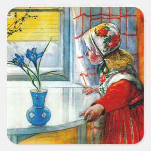 Kleines Mädchen mit blauer Schwertlilie Quadratischer Aufkleber