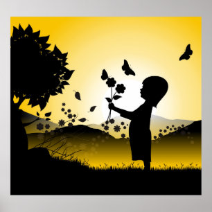 Kleines Mädchen mit Blume Silhouette Poster