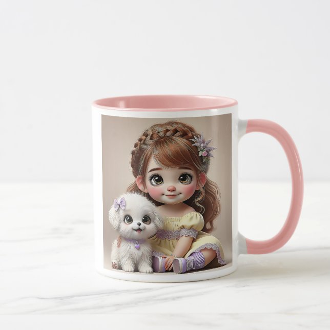 Kleines Mädchen mit Blumenballen und ihrem weißen  Tasse (Rechts)