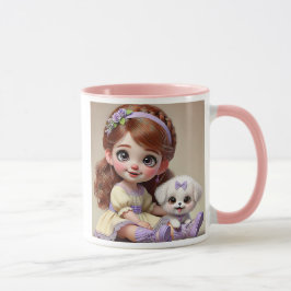 Kleines Mädchen mit Blumenballen und ihrem weißen Tasse