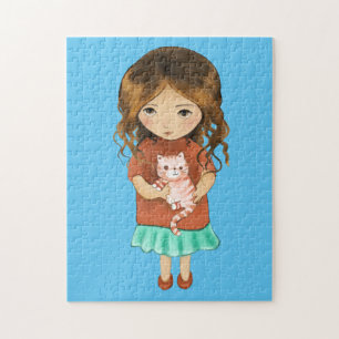 KLEINES MÄDCHEN MIT CAT ART JIGSAW PUZZLE