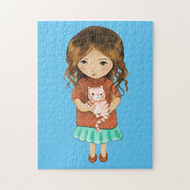 KLEINES MÄDCHEN MIT CAT ART JIGSAW PUZZLE (Vertikal)