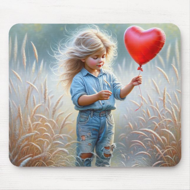 Kleines Mädchen mit einem Rot-Herz-Ballon Mousepad (Vorne)