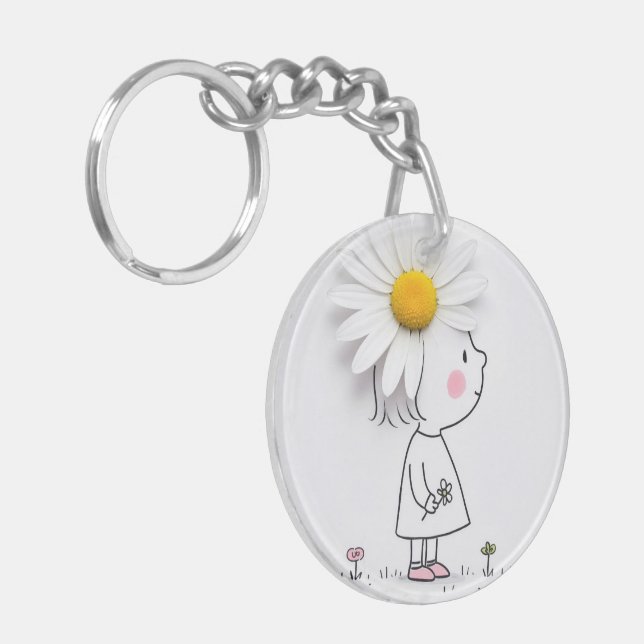 Kleines Mädchen mit einer weißen Daisy auf ihrem K Schlüsselanhänger (Vorderseite links)