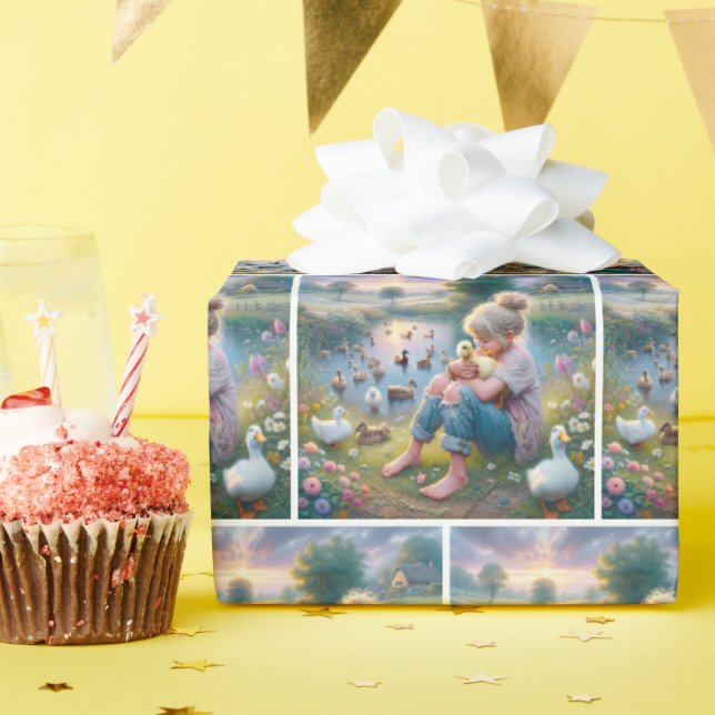 Kleines Mädchen mit Enten Geschenkpapier (Geburtstagsparty)