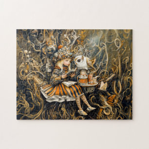 Kleines Mädchen mit Eule in einem Baumwurzelhaus