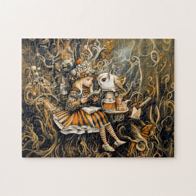 Kleines Mädchen mit Eule in einem Baumwurzelhaus (Horizontal)