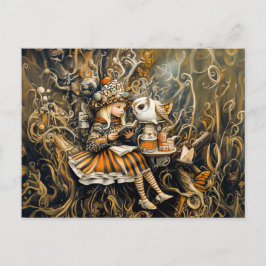 Kleines Mädchen mit Eule in einem Baumwurzelhaus Postkarte