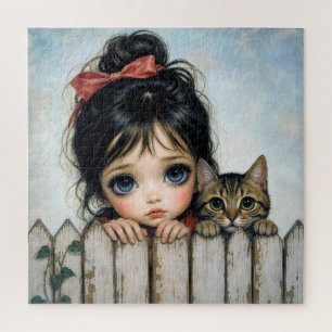 Kleines Mädchen mit großen Augen und Hauskatze