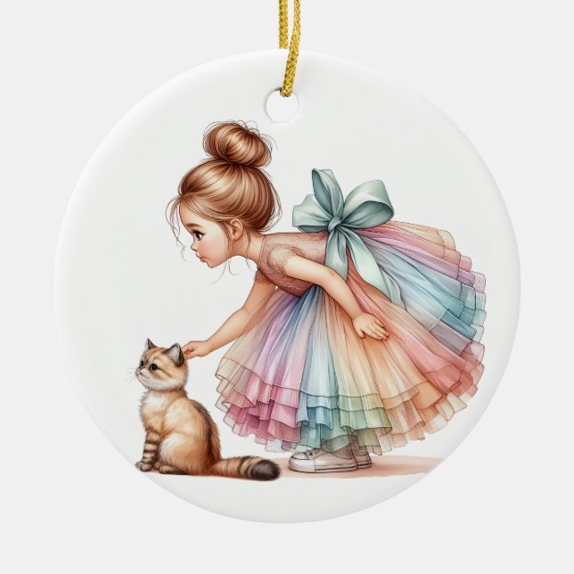 KLEINES MÄDCHEN MIT IHREM KITTEN KERAMIK ORNAMENT (Vorne)