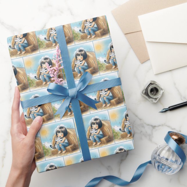 Kleines Mädchen mit Kätzchen auf dem Hay Bale Geschenkpapier (Schenken)