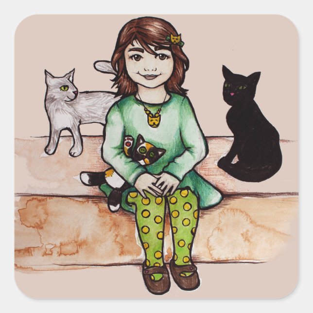Kleines Mädchen mit Katzen Quadratischer Aufkleber (Vorderseite)