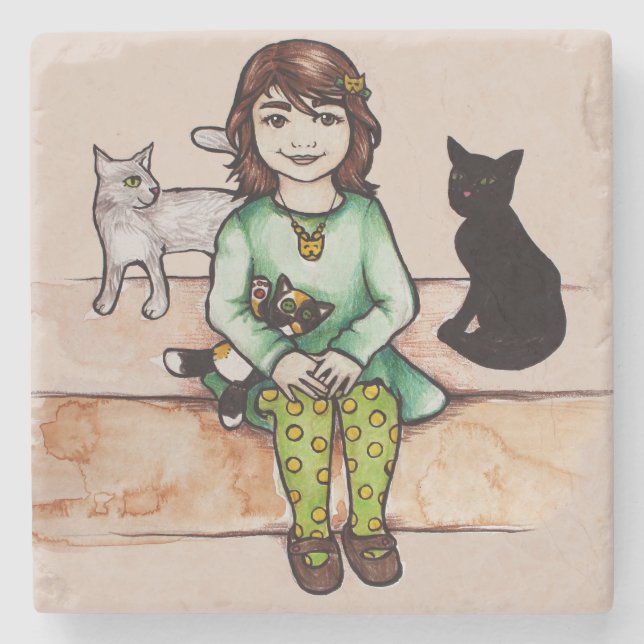 Kleines Mädchen mit Katzen Steinuntersetzer (Vorderseite)