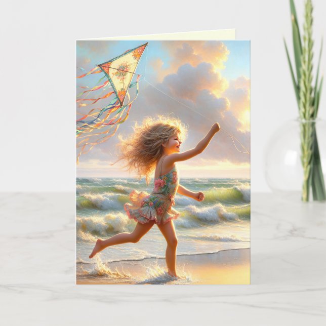 Kleines Mädchen mit Kitesurf am Strand Karte (Vorderseite)