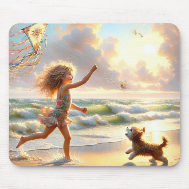 Kleines Mädchen mit Kitesurf am Strand Mousepad (Vorne)