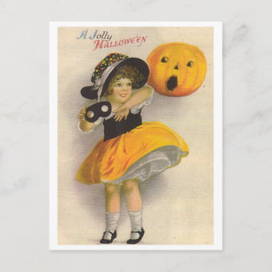Kleines Mädchen mit Kürbis und Maske Postkarte