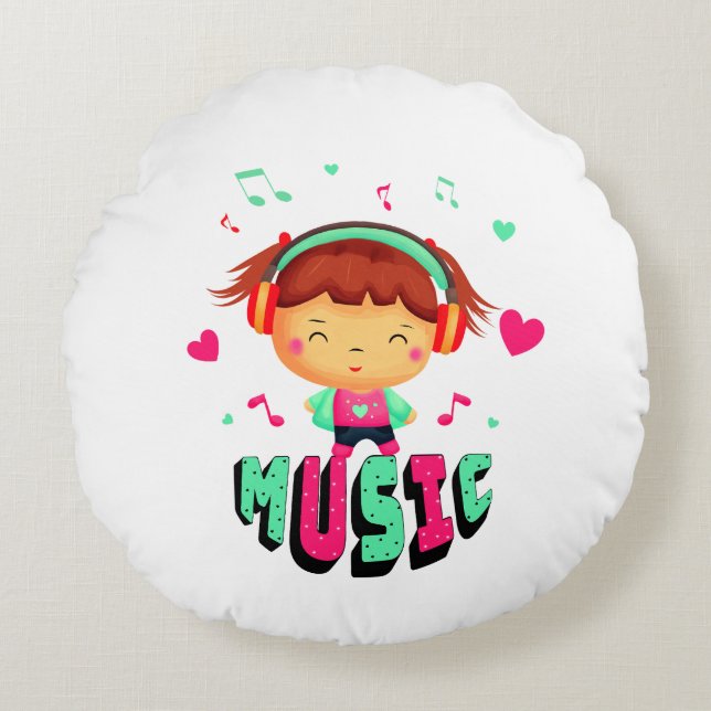 Kleines Mädchen mit Musik Rundes Kissen (Vorderseite)