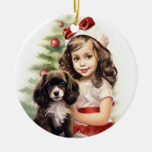 Kleines Mädchen mit Puppy Christmas Keramik Ornament