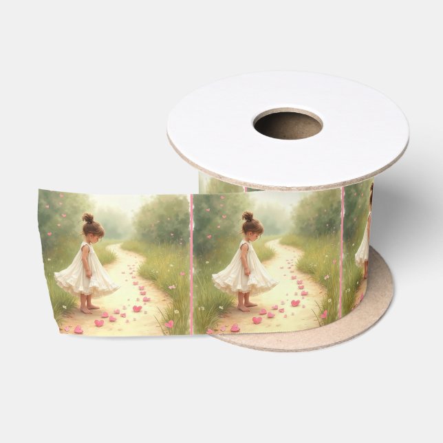Kleines Mädchen mit rosa Herzen auf einem dunklen  Satinband (Spule)